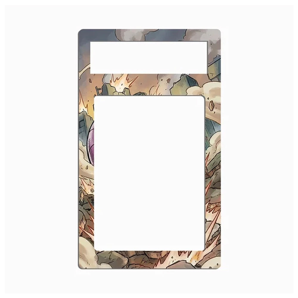 A rectangular decorative plate or frame insert with rounded corners, featuring an illustrated border of small cartoon-like characters and a large blank white center cutout, shown on a plain light gray background.