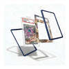A set of transparent acrylic card sleeves with dark blue borders, shown in multiple angles with a graded Pokémon TCG card inside one sleeve, on a clean white background.