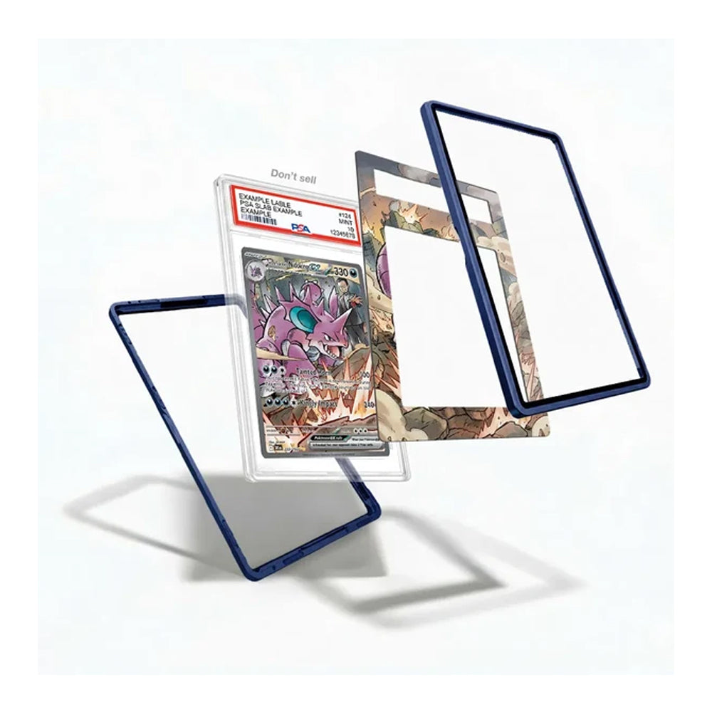 A set of transparent acrylic card sleeves with dark blue borders, shown in multiple angles with a graded Pokémon TCG card inside one sleeve, on a clean white background.
