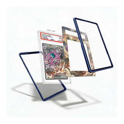A set of transparent acrylic card sleeves with dark blue borders, shown in multiple angles with a graded Pokémon TCG card inside one sleeve, on a clean white background.