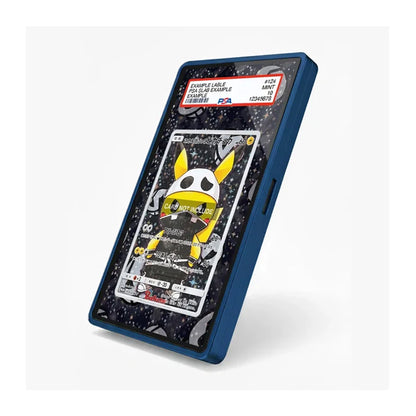 A dark blue protective phone case with a custom black and white starry pattern skin, featuring a stylized yellow and black Pokémon card graphic on the back. The case is shown at an angle on a light gray background.
