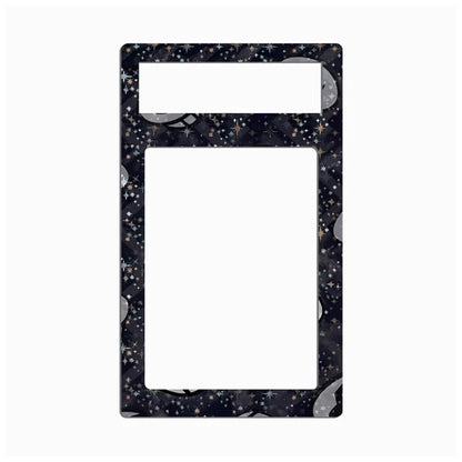 A decorative rectangular frame or plate with a black and gray galaxy pattern, featuring a smaller horizontal slot at the top and a larger vertical slot in the center, shown on a plain white background.