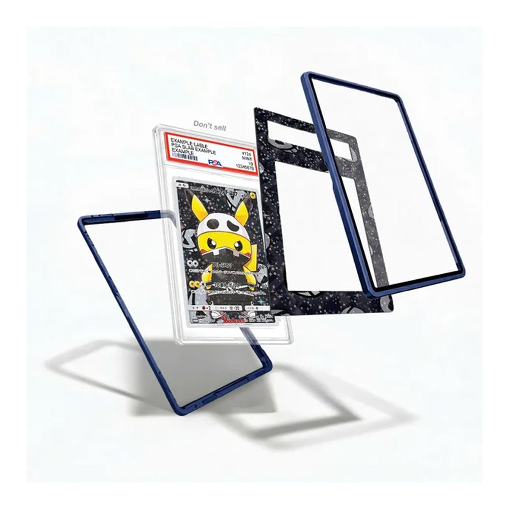 A set of custom protective card cases shown floating against a white background. The set includes a clear case with a dark blue border, a clear case with a black and white speckled pattern border, and a graded PSA-10 Pokémon TCG holographic card in a clear protective slab.