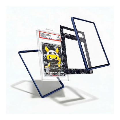 A set of custom protective card cases shown floating against a white background. The set includes a clear case with a dark blue border, a clear case with a black and white speckled pattern border, and a graded PSA-10 Pokémon TCG holographic card in a clear protective slab.