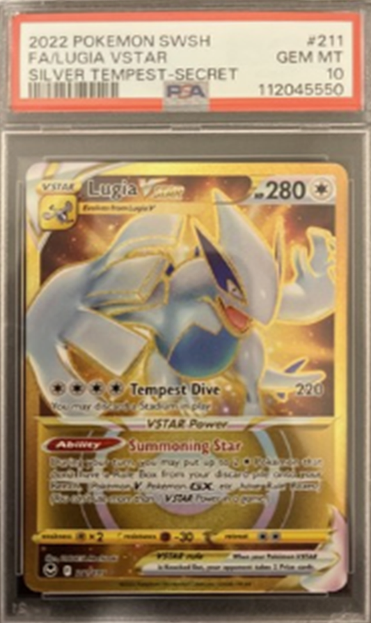 Pokémon trading card featuring Lugia VSTAR with a PSA grading label.