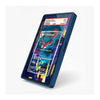 A blue protective case for a smartphone, shown at an angle on a light gray background. The screen displays a colorful card game mockup with a clear protective overlay and a PSA grading label at the top.