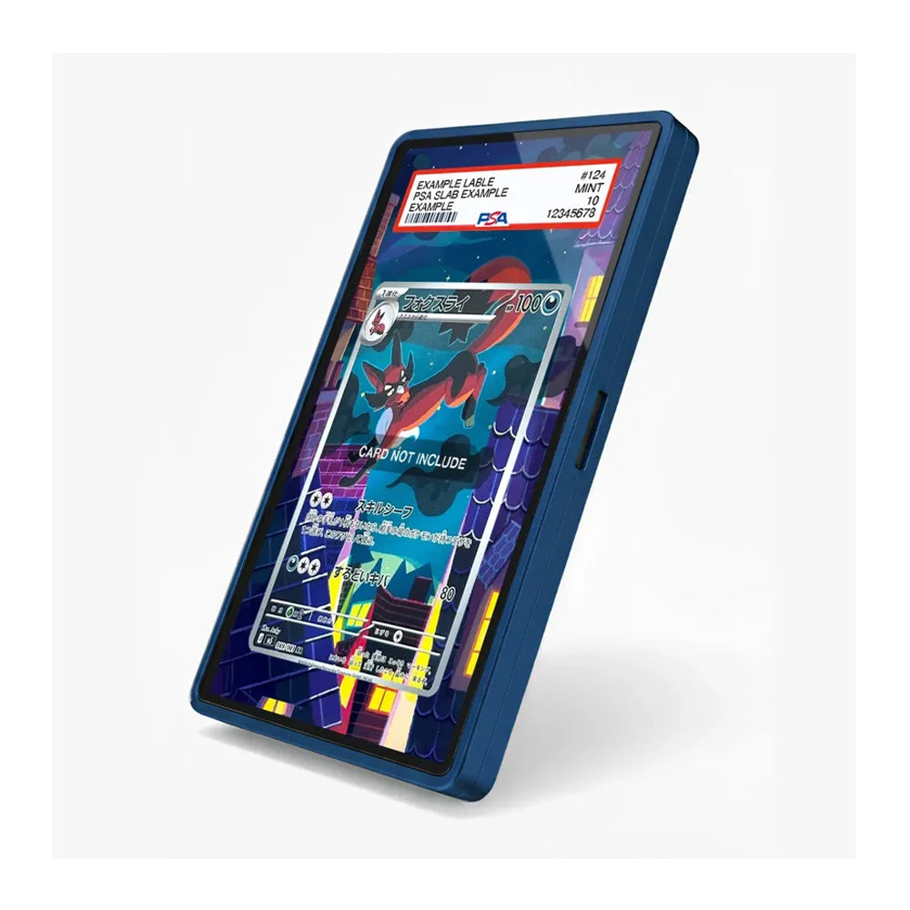 A blue protective case for a smartphone, shown at an angle on a light gray background. The screen displays a colorful card game mockup with a clear protective overlay and a PSA grading label at the top.