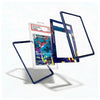 A clear acrylic display stand with dark blue borders, shown in multiple angles with a graded Pokémon TCG card inserted. The card is displayed inside the stand, and the stand is floating against a clean white background with soft shadows.