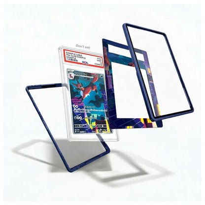 A clear acrylic display stand with dark blue borders, shown in multiple angles with a graded Pokémon TCG card inserted. The card is displayed inside the stand, and the stand is floating against a clean white background with soft shadows.