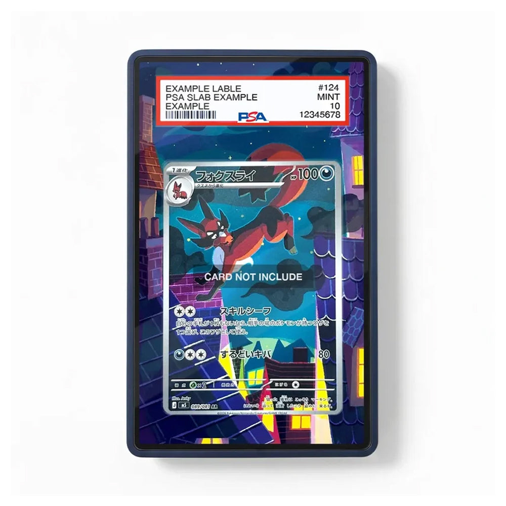 A rectangular PSA-certified slab containing a Pokémon trading card, shown against a plain white background. The slab has a dark blue border and a holographic clear top.