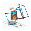 A set of custom transparent tempered glass screen protectors with a metallic teal-blue border, shown floating in a clean studio presentation. One protector is shown installed on a smartphone inside a protective plastic slab, displaying a colorful retro illustration of a street scene.