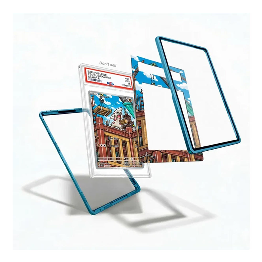 A set of custom transparent tempered glass screen protectors with a metallic teal-blue border, shown floating in a clean studio presentation. One protector is shown installed on a smartphone inside a protective plastic slab, displaying a colorful retro illustration of a street scene.