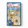 Card with a colorful design featuring characters and text, held in a blue protective casing.