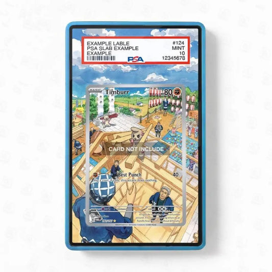Card with a colorful design featuring characters and text, held in a blue protective casing.