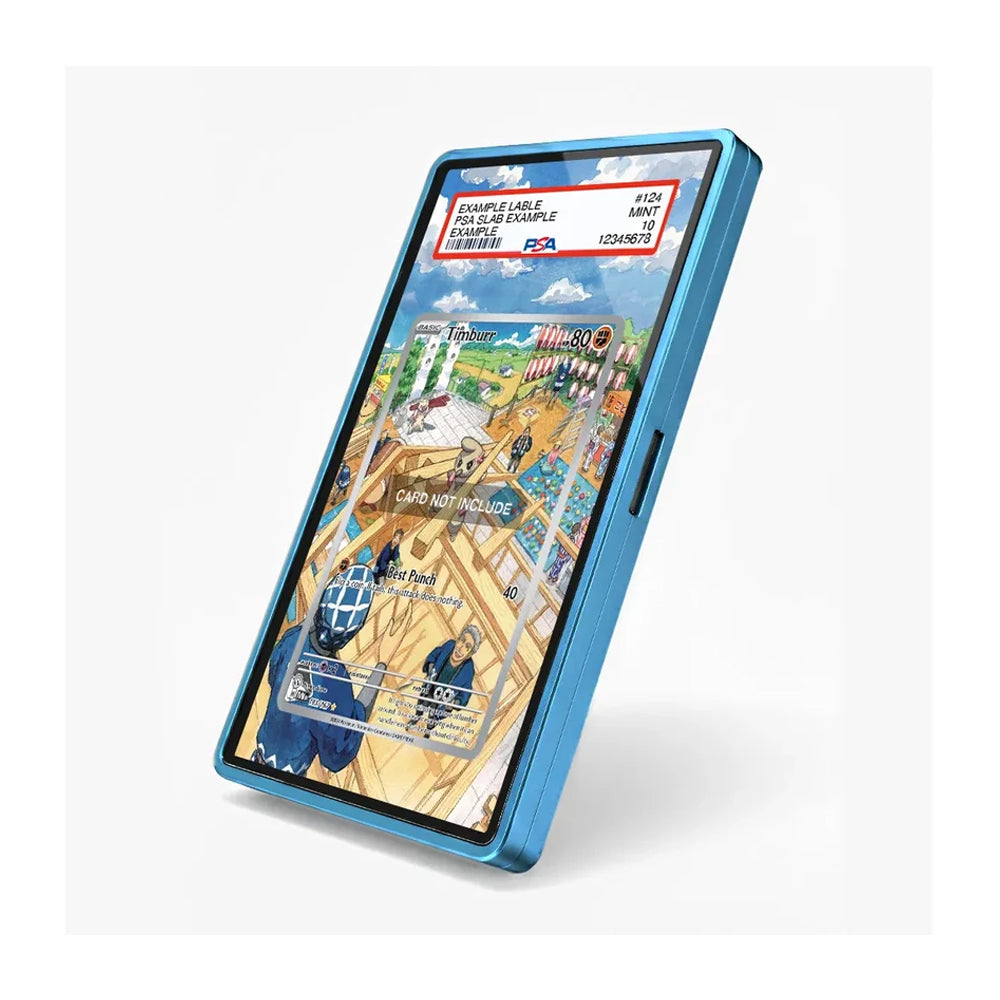 A blue protective phone case shown at an angle on a light gray background, featuring a colorful game-like illustration on the screen.