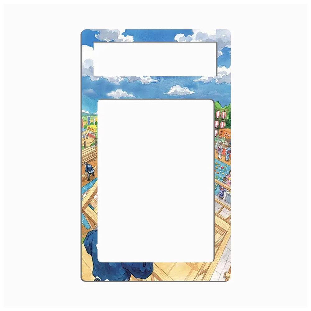 A decorative phone case or frame with a colorful anime-style illustration featuring a blue sky, white clouds, and a wooden deck, shown on a plain white background.