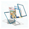 A set of transparent phone screen protectors with bright blue edges, shown floating in an exploded view with a colorful anime-style insert card in the center. The background is a clean white studio backdrop.