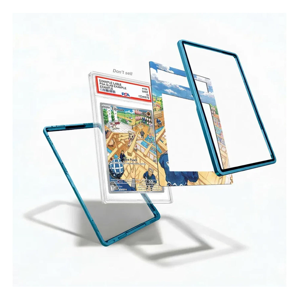 A set of transparent phone screen protectors with bright blue edges, shown floating in an exploded view with a colorful anime-style insert card in the center. The background is a clean white studio backdrop.