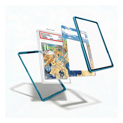 A set of transparent phone screen protectors with bright blue edges, shown floating in an exploded view with a colorful anime-style insert card in the center. The background is a clean white studio backdrop.