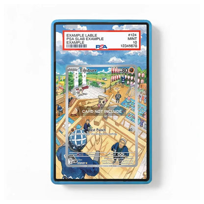 A PSA graded protective case for a trading card, featuring a blue border and a clear top label showing a PSA slab example header. The case contains an illustrated card depicting a bustling market scene with characters and wooden structures.