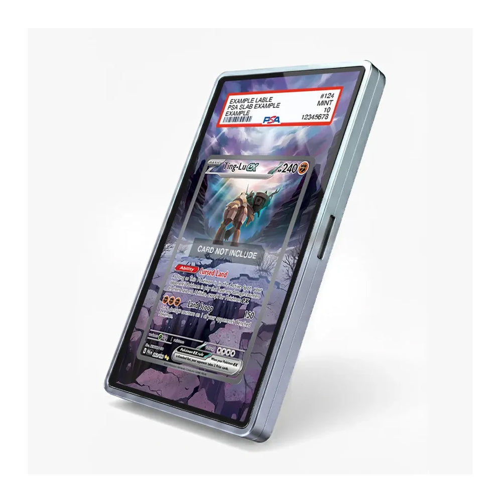 A slim rectangular tablet or e-reader device with a dark screen displaying a fantasy trading card, shown at an angle on a light gray background. The screen includes a PSA grading label at the top.