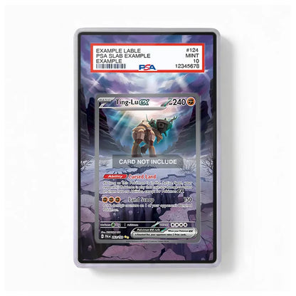 A collectible trading card slabbed in a clear protective plastic case, featuring a sample Pokémon card design with a PSA grading label at the top, shown against a plain white background.