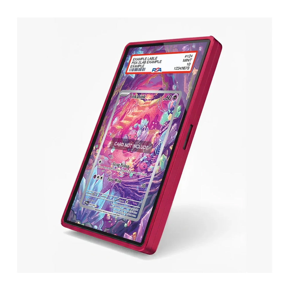 A pink protective phone case shown at an angle on a light gray background, displaying a colorful card-mat-style screen insert.