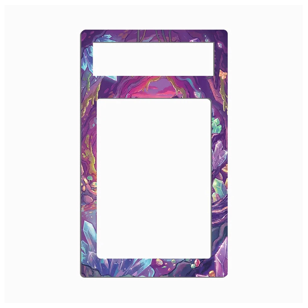 A decorative phone case frame or cutout insert with a colorful abstract geode or crystal pattern in purple, pink, blue, and green, shown on a plain white background.