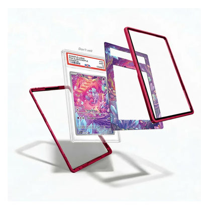 Three red metallic card frames are shown floating around a graded Pokémon TCG card in a clear protective case on a clean white background.