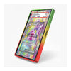 A protective phone case with a vibrant rainbow gradient border (green, yellow, orange, red) shown on a white background. The screen displays a holographic Pokémon Tinkatara card under a PSA grading document overlay.