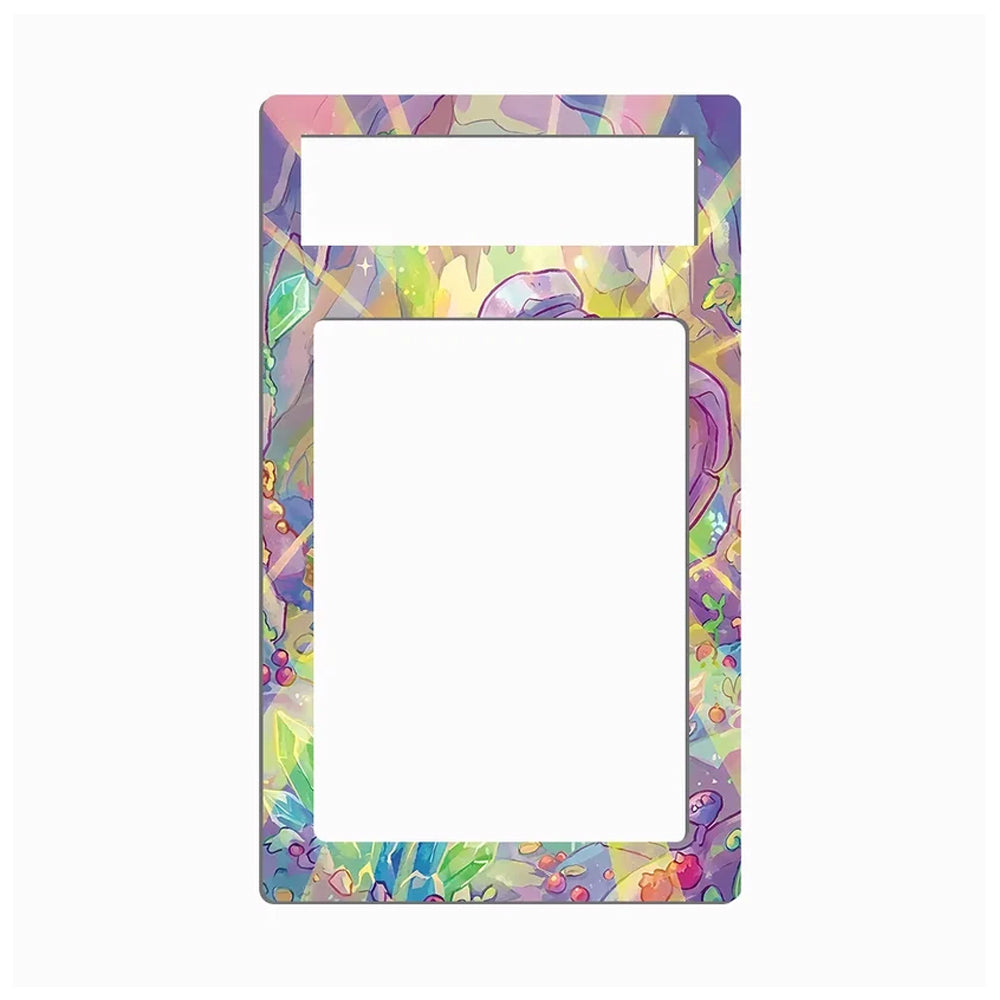 A rectangular decorative frame or mat with rounded corners, featuring a colorful abstract floral and leaf pattern around the border and a large blank white center cutout, shown on a light gray background.