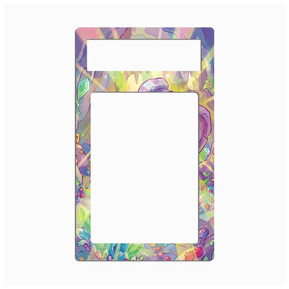 A rectangular decorative frame or mat with rounded corners, featuring a colorful abstract floral and leaf pattern around the border and a large blank white center cutout, shown on a light gray background.