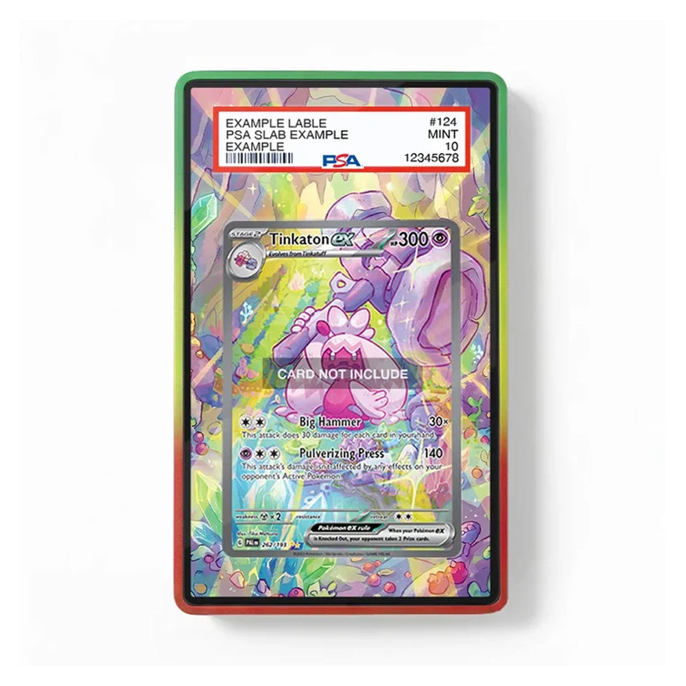 A rectangular PSA slab containing a holographic Pokémon trading card, shown against a plain white background. The slab has a green outer border and a red top edge, with the PSA certification label visible at the top.