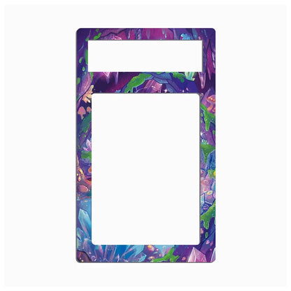 A rectangular phone case or cover with a colorful abstract crystal and mineral print in purple, blue, green, and pink, shown on a plain white background.