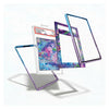 A set of transparent acrylic or glass card sleeves and frames with colorful printed borders, shown floating around a graded holographic Pokémon TCG card on a clean white background.