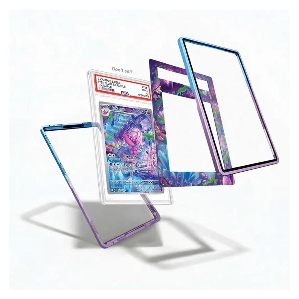 A set of transparent acrylic or glass card sleeves and frames with colorful printed borders, shown floating around a graded holographic Pokémon TCG card on a clean white background.