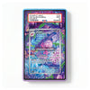 A PSA graded protective card slab for a Pokémon TCG card, featuring a colorful purple and blue crystal-themed design with a clear window showing an example Tinkaton card. The slab has a blue outer border and a red PSA certification label at the top.