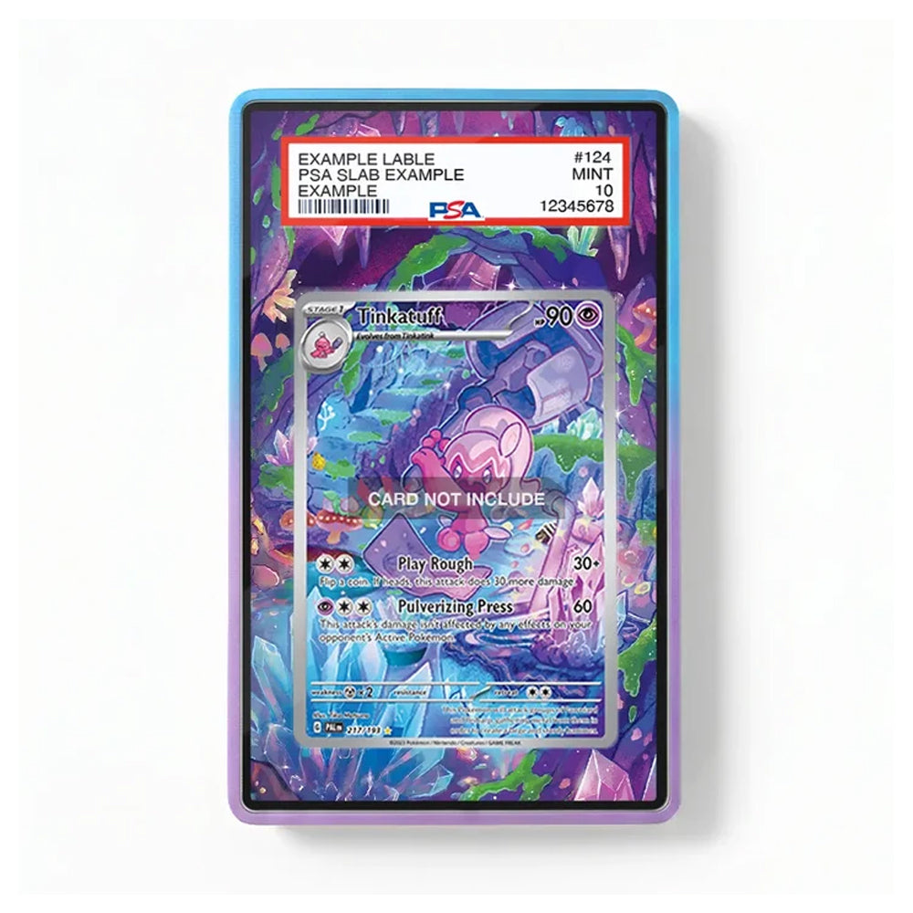 A PSA graded protective card slab for a Pokémon TCG card, featuring a colorful purple and blue crystal-themed design with a clear window showing an example Tinkaton card. The slab has a blue outer border and a red PSA certification label at the top.