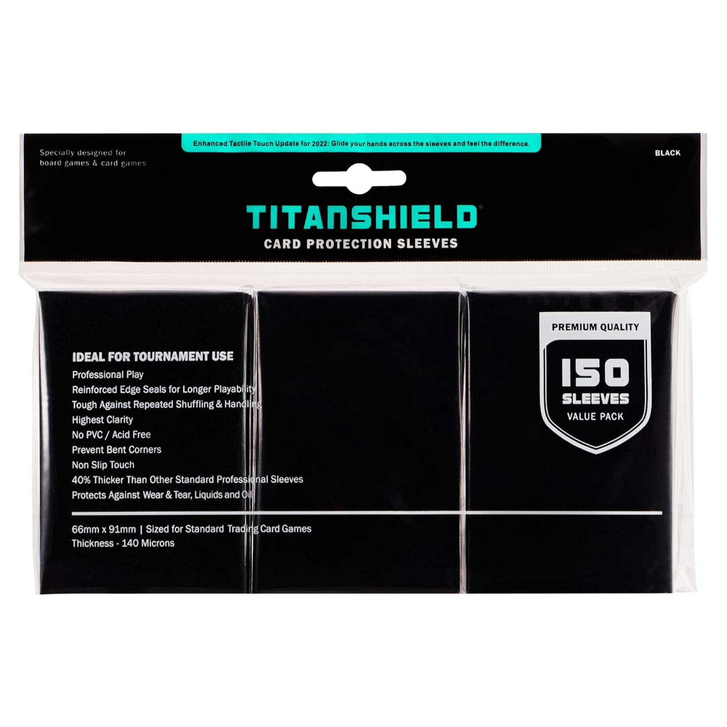 Pack of Titanshield card protection sleeves with product details on a white background