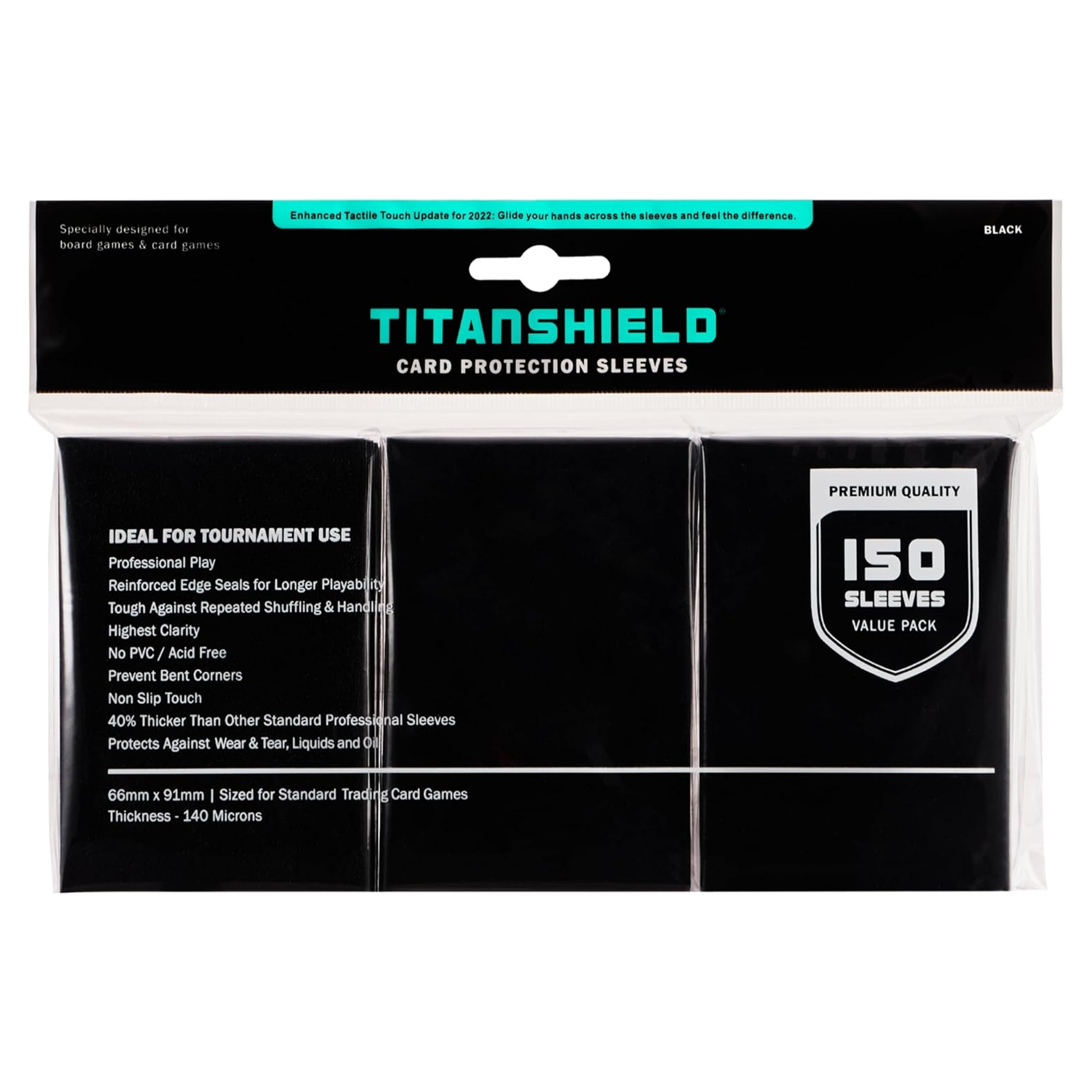 Pack of Titanshield card protection sleeves with product details on a white background