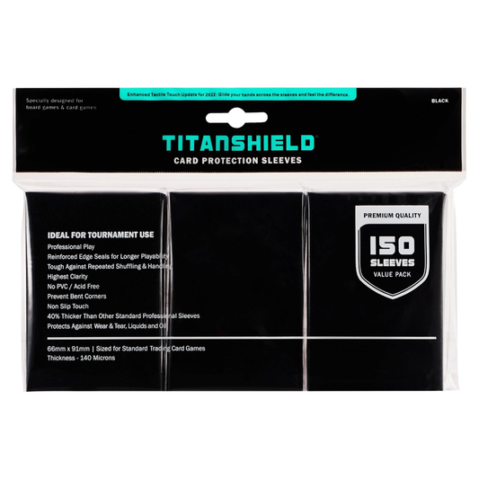 Pack of Titanshield card protection sleeves with product details on a white background