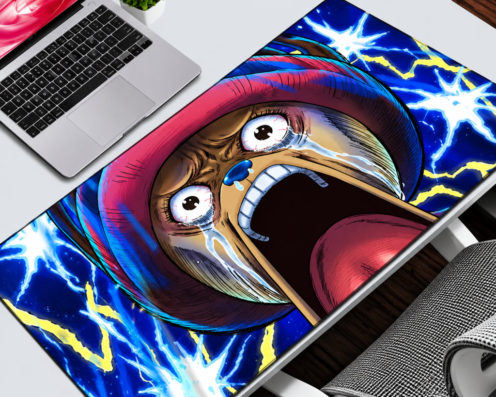 Tony Tony Chopper anime gaming mouse pad featuring a dramatic close-up illustration, pink-brimmed blue hat, and electric blue lightning background on an extended desk mat.