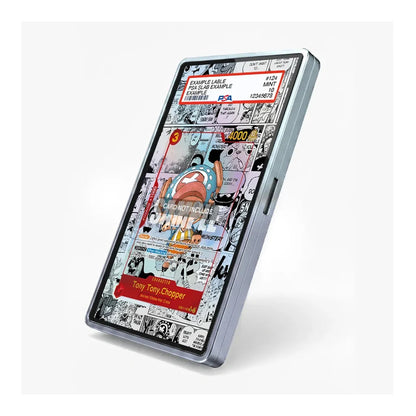 A silver smartphone shown at an angle on a light gray background, displaying a comic book-style illustrated screen with red highlighted text and a cartoon character.