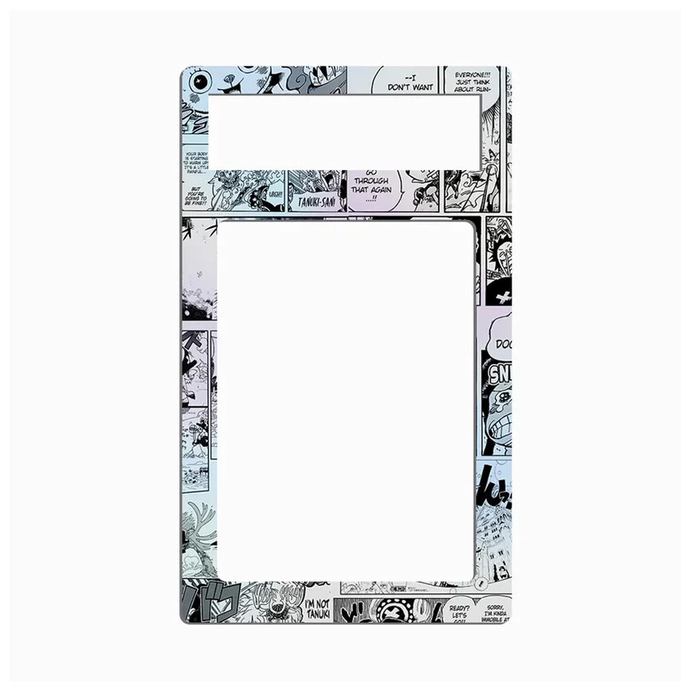 A protective frame or bezel cover for an iPad, featuring a black and white comic book panel pattern with various illustrated characters and speech bubbles, shown on a plain white background.
