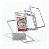 A clear acrylic tablet case shown floating open to reveal multiple layers and a colorful insert card, photographed on a clean white background.