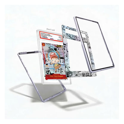 A clear acrylic tablet case shown floating open to reveal multiple layers and a colorful insert card, photographed on a clean white background.
