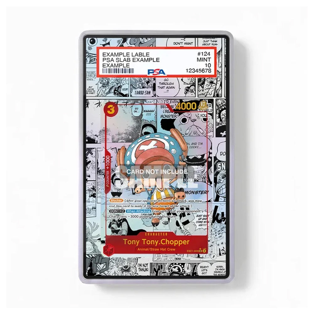 A PSA-graded collectible card slab showing a comic-style card with a cartoon character and grading labels, photographed against a plain white background.
