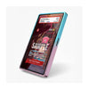 A slim rectangular electronic device with a glossy screen and rounded corners, shown at an angle on a light gray background. The outer frame transitions from turquoise blue at the top to pink at the bottom.