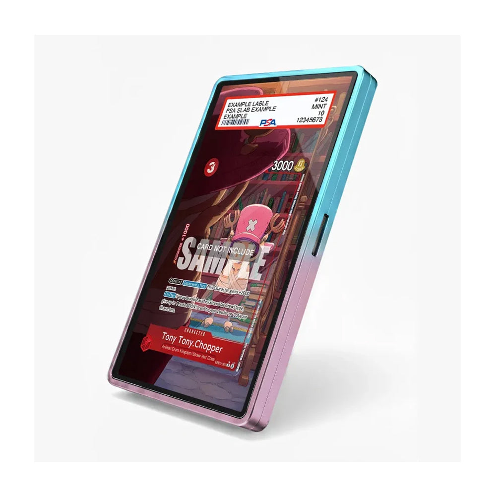 A slim rectangular electronic device with a glossy screen and rounded corners, shown at an angle on a light gray background. The outer frame transitions from turquoise blue at the top to pink at the bottom.