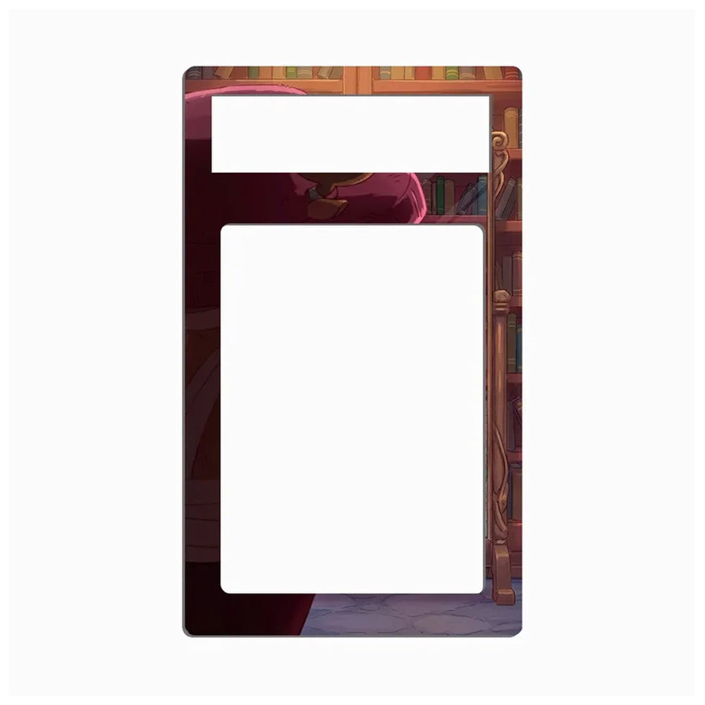 A rectangular wall plate cover or decorative cover plate with a large central cutout and a smaller top cutout, featuring an illustrated library scene with bookshelves and a purple robe on a light gray background.